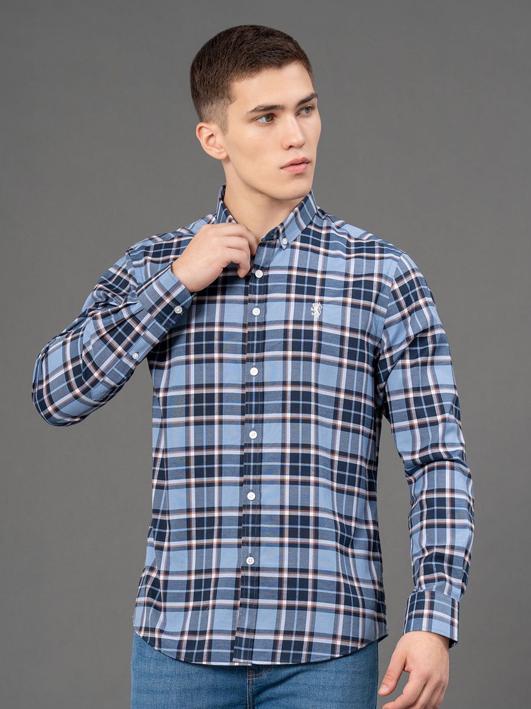 

Red Tape Men Tartan Checks Button-Down Collar Casual Shirt, Blue