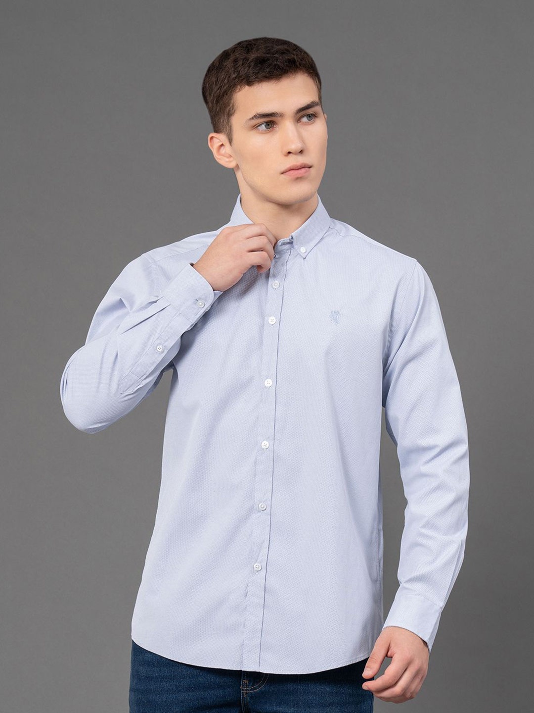 

Red Tape Men Solid Dobby Textured Button-Down Collar Casual Shirt, Blue