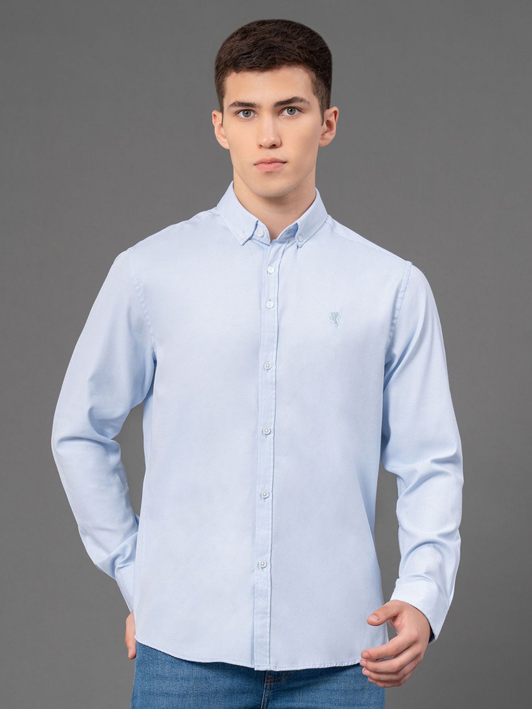 

Red Tape Men Solid Dobby Textured Button-Down Collar Casual Shirt, Blue