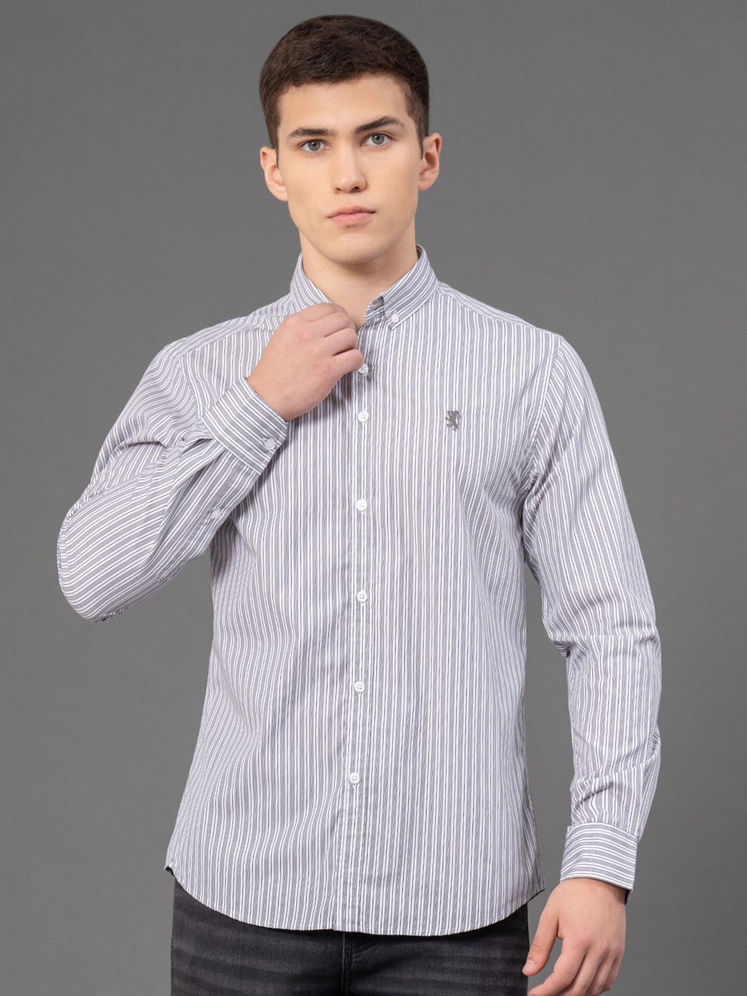 

Red Tape Men Button Down Collar Striped Casual Shirt, Grey
