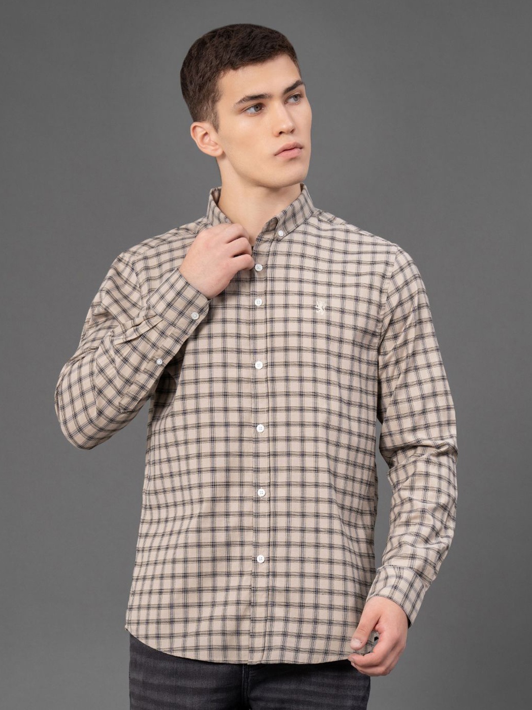 

Red Tape Men Checked Button-Down Collar Casual Shirt, Beige