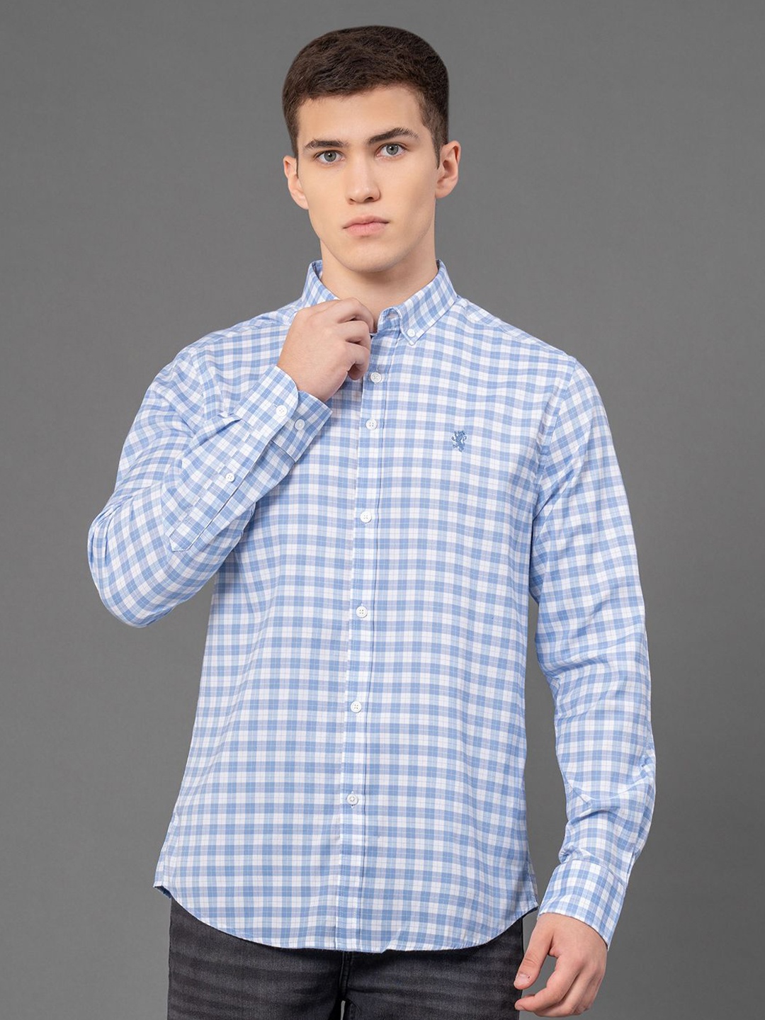 

Red Tape Men Gingham Checks Button-Down Collar Casual Shirt, Blue
