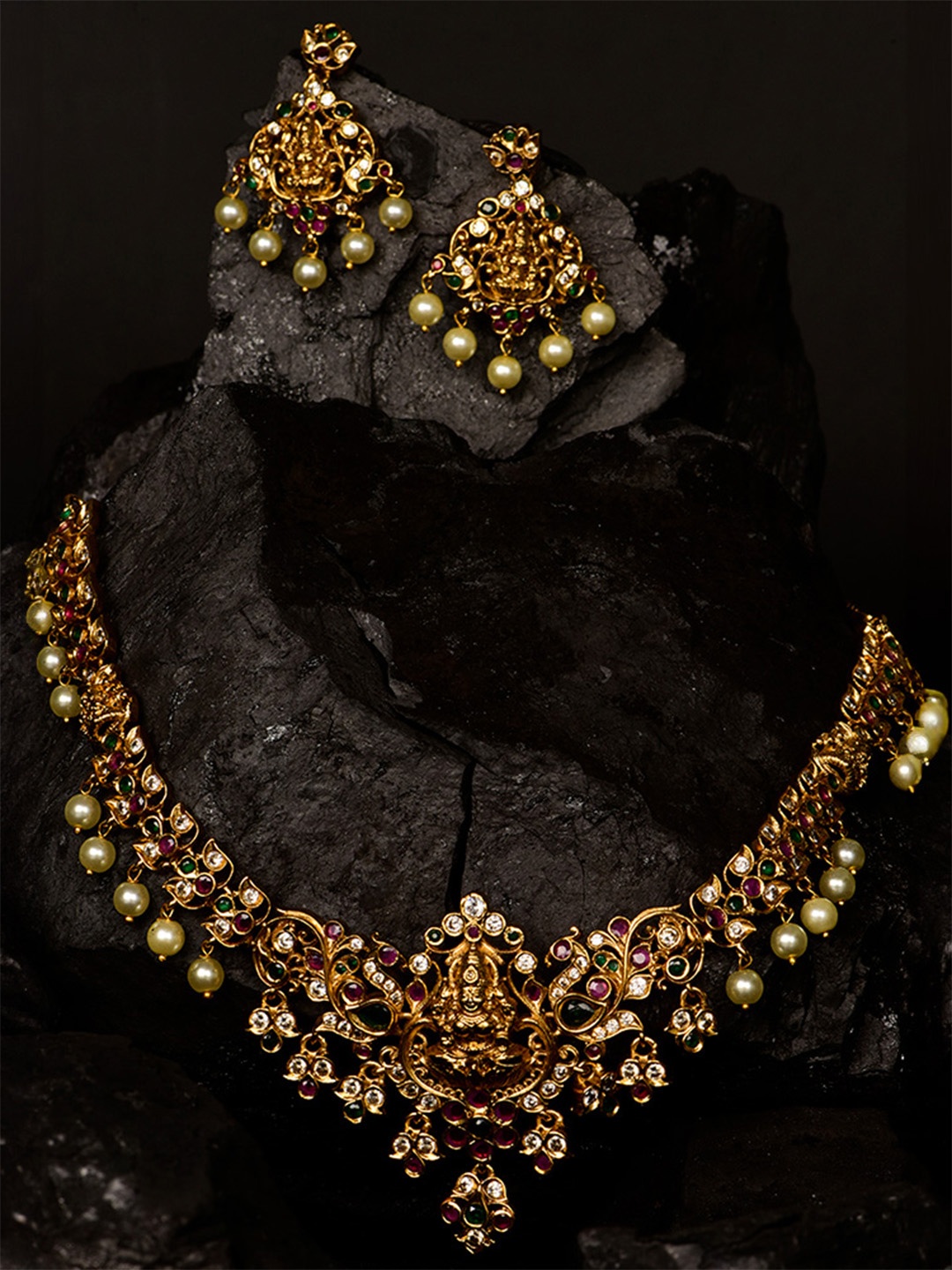 

SHARLEEZ Gold-Plated AD-Studded & Beaded Jewellery Set