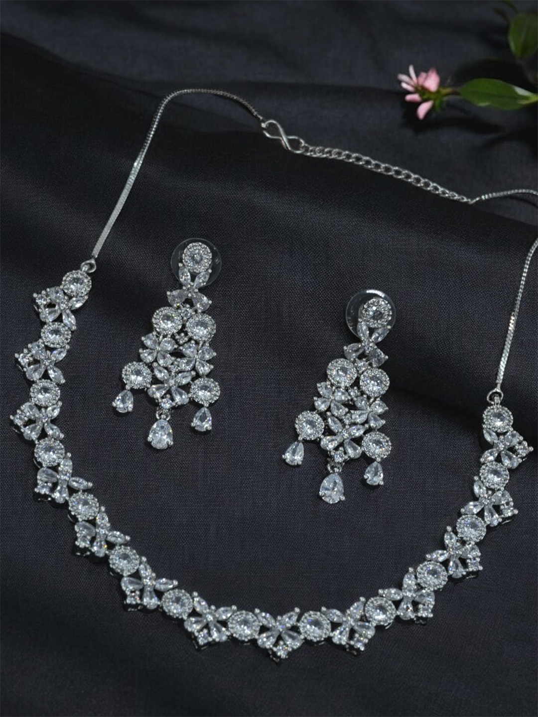 

SHARLEEZ Silver-Plated AD Stone-Studded Jewellery Set