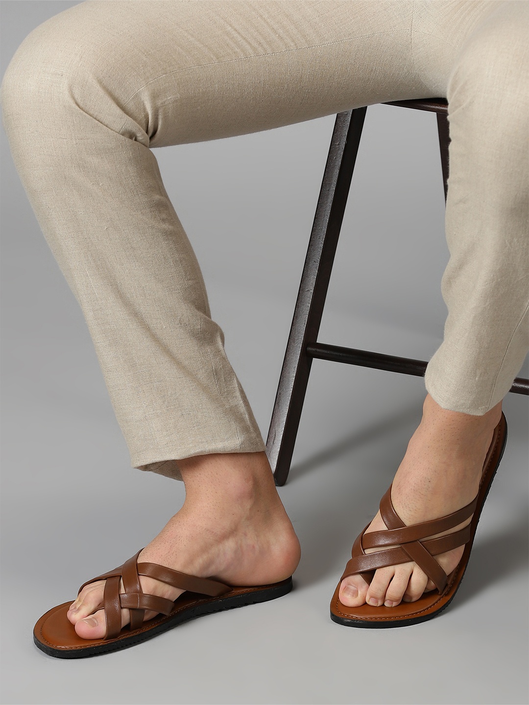 

99CRAFTS Men Leather One Toe Flats, Tan