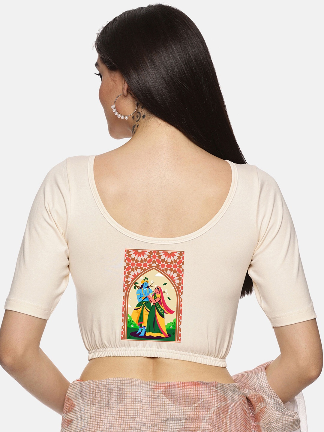 

NOT YET by us Printed Short Sleeve Stretch Saree Blouse, Cream