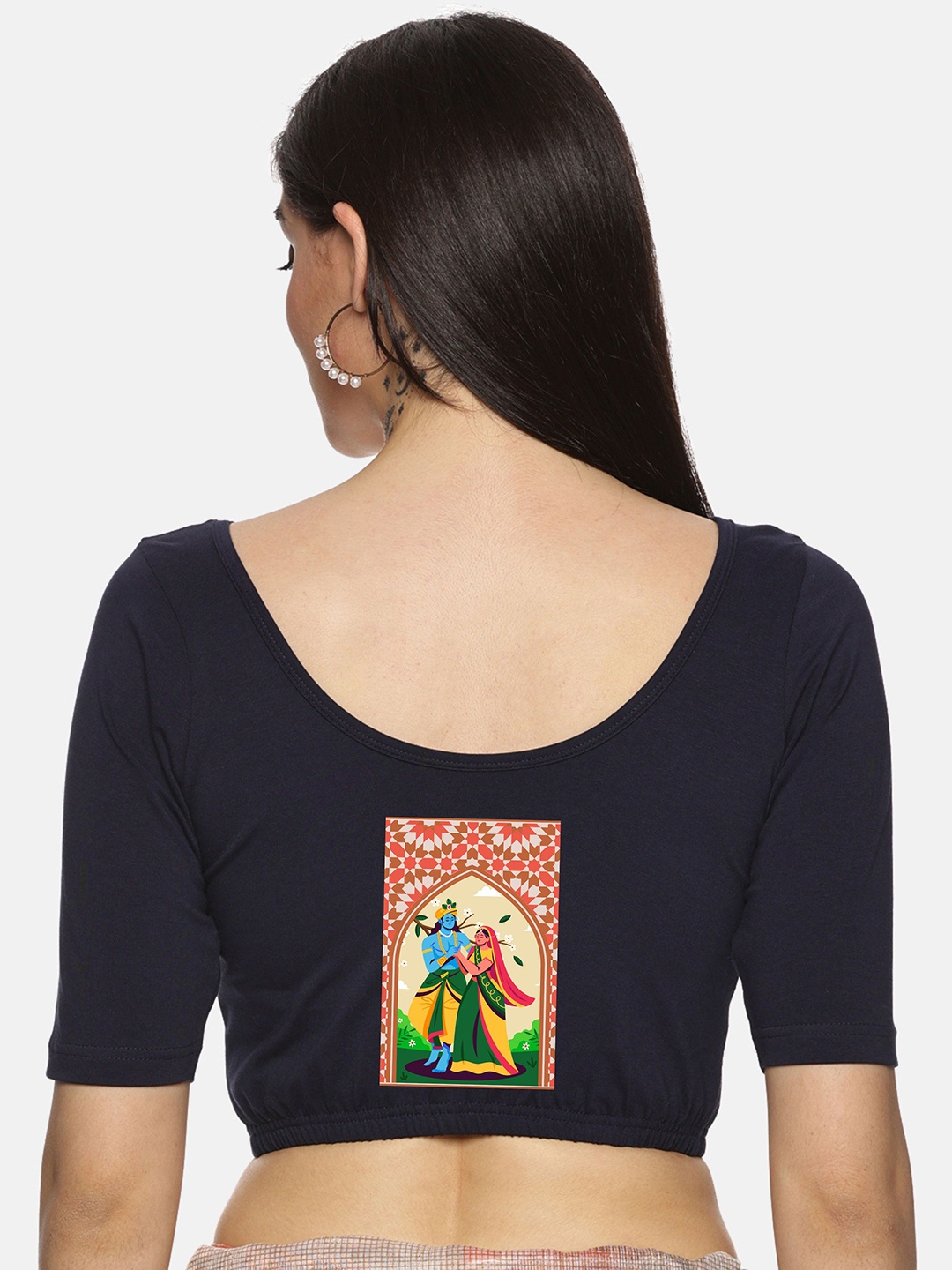 

NOT YET by us Back Printed Saree Blouse, Navy blue