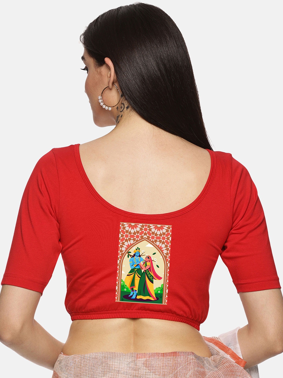 

NOT YET by us Back Printed Round Neck Short Sleeves Stretchable Saree Blouse, Red