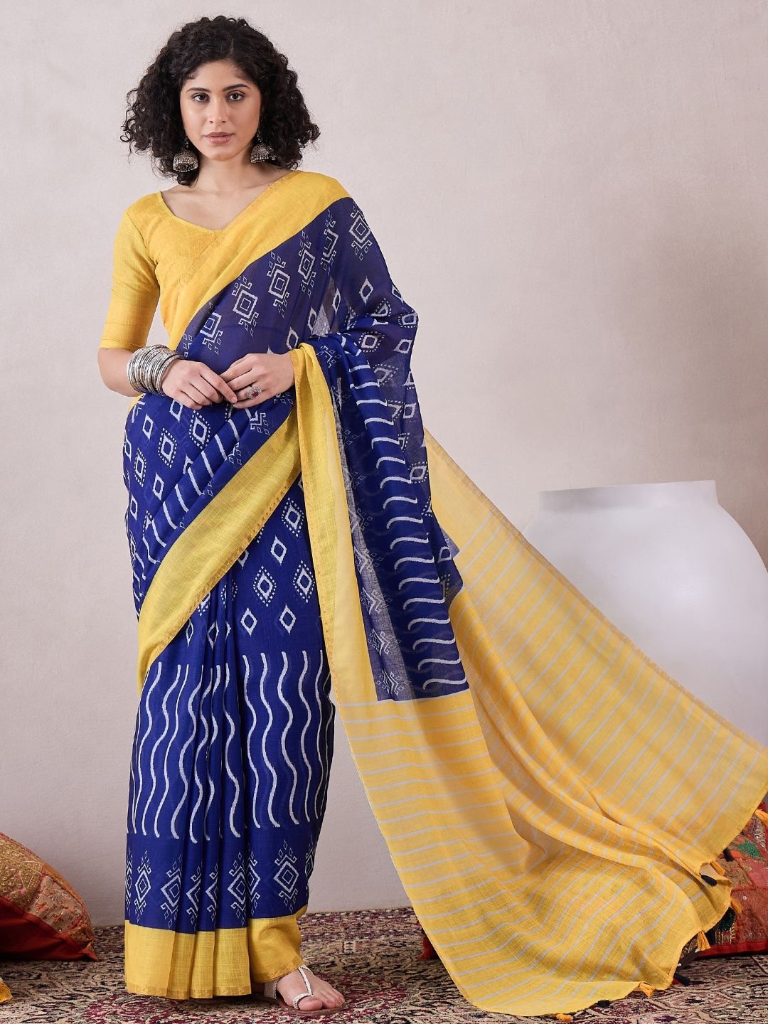 

KALINI Ethnic Motifs Linen Blend Ikat Saree, Blue