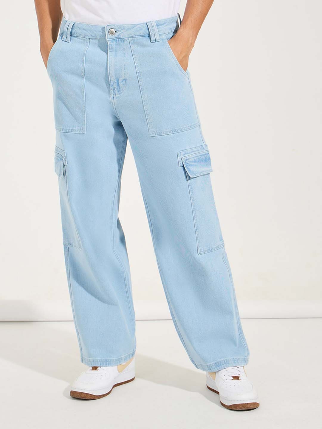 

Styli Men Cotton Mid-Rise Wide Leg Panelled Cargo Jeans, Blue