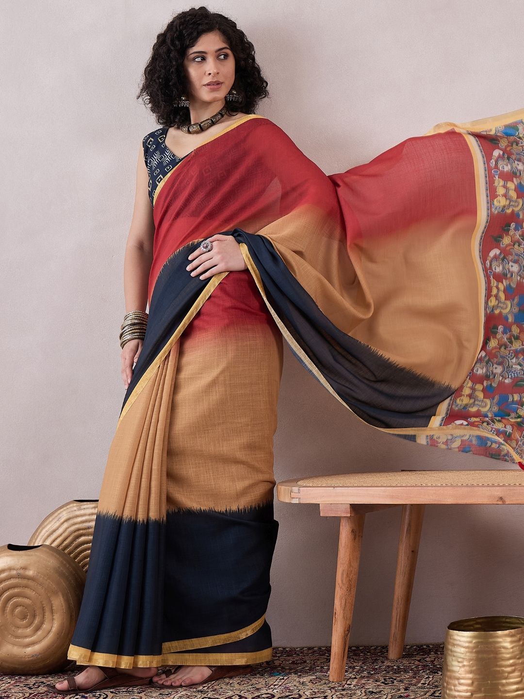 

KALINI Linen Blend Multicolor Saree, Navy blue