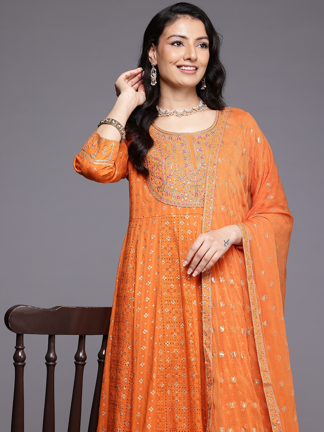 

Varanga Ethnic Motifs Embroidered Pleated Mirror Work Pure Cotton Kurta Set, Orange