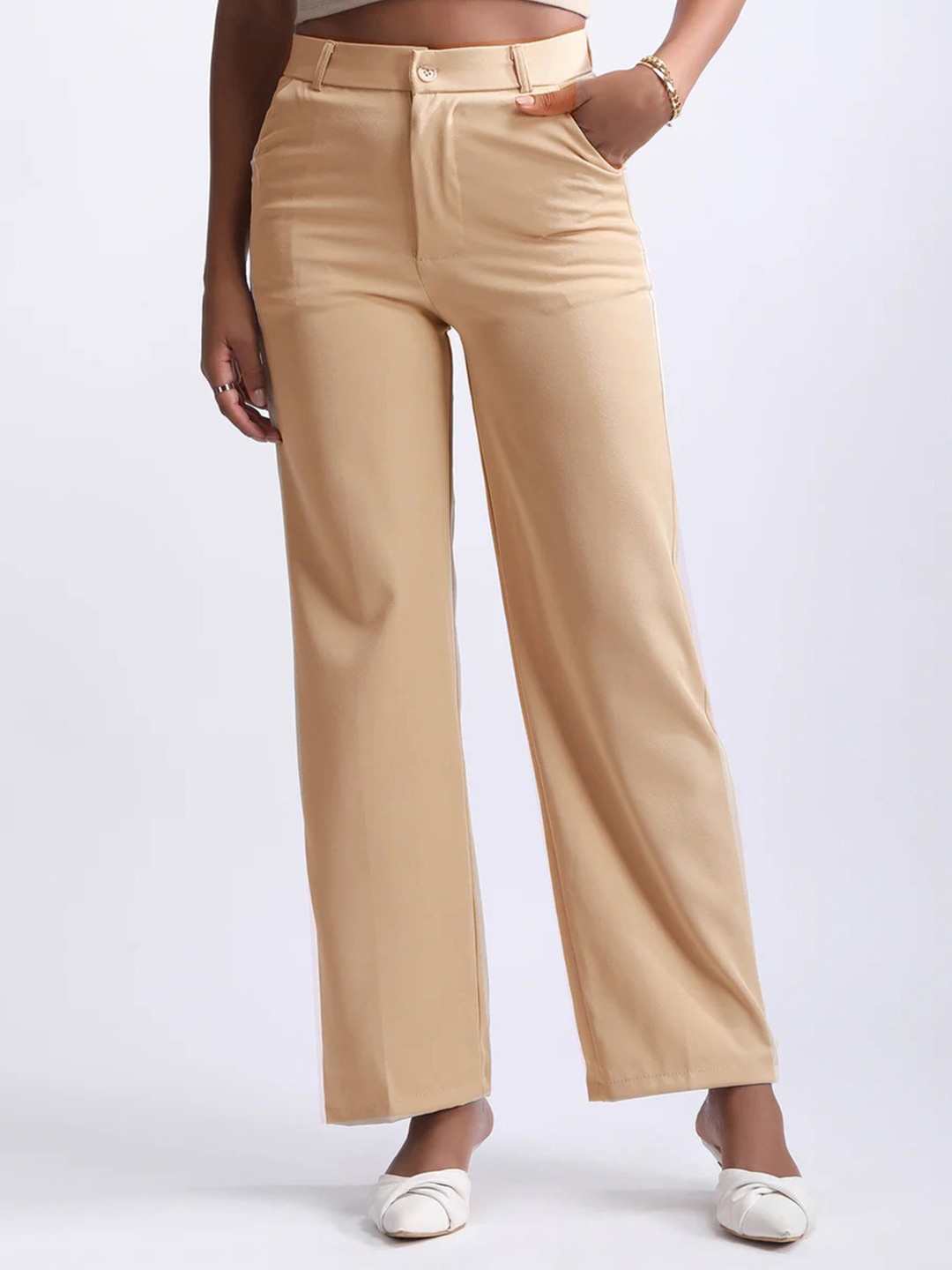 

BAESD Women Relaxed Straight Leg High-Rise Trousers, Beige