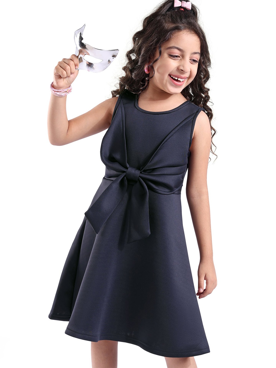 

Hola Bonita Girls Bow Detail Fit and Flare Dress, Navy blue