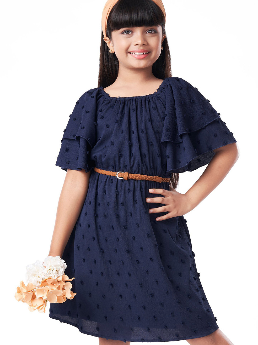 

Hola Bonita Girls Dobby Flared Sleeve A-Line Dress, Navy blue