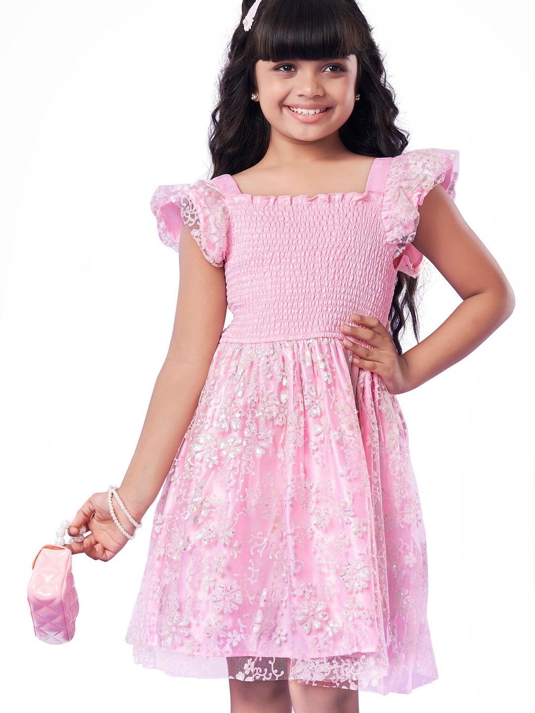 

Hola Bonita Girls Embellished Sequined Net Fit & Flare Dress, Pink