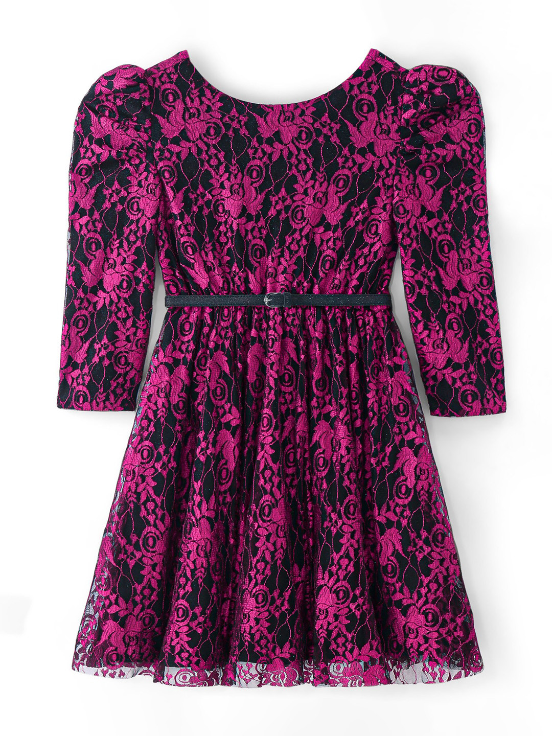 

Hola Bonita Girls Floral Printed Lace Fit & Flare Midi Dress Comes with a belt, Fuchsia