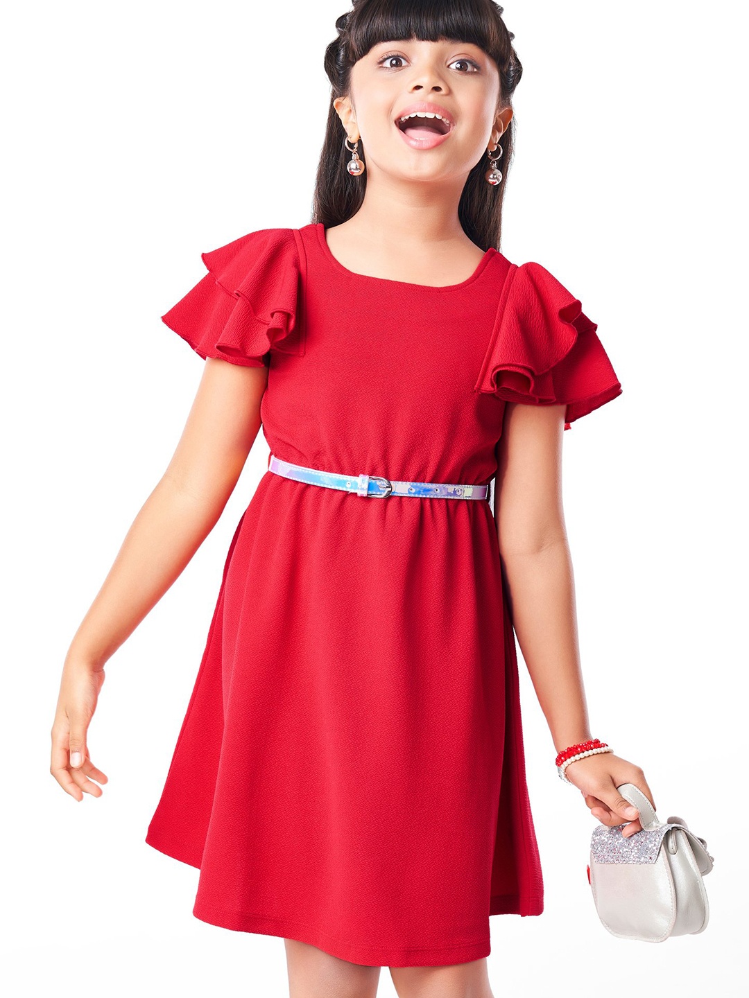 

Hola Bonita Girls Flared Sleeves Ruffled Belted Fit and Flare Dress, Red