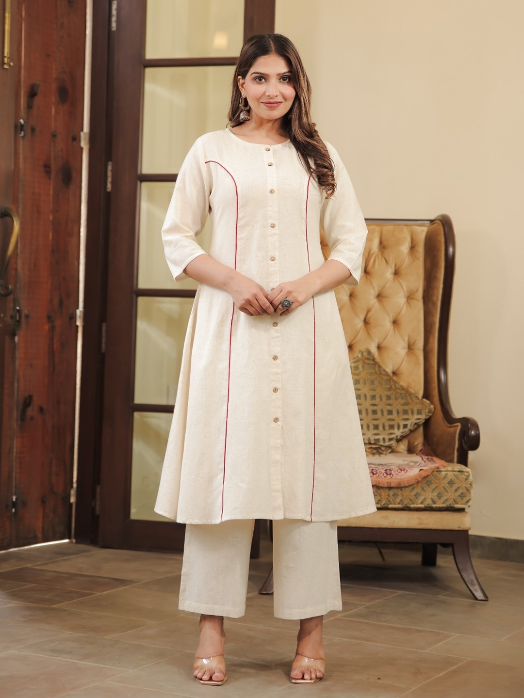 

Aramya Linen Cotton A-Line Kurta With Palazzos, Cream