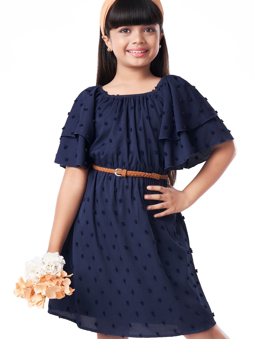

Hola Bonita Girls Self Design Flutter Sleeve Fit & Flare Dress, Navy blue