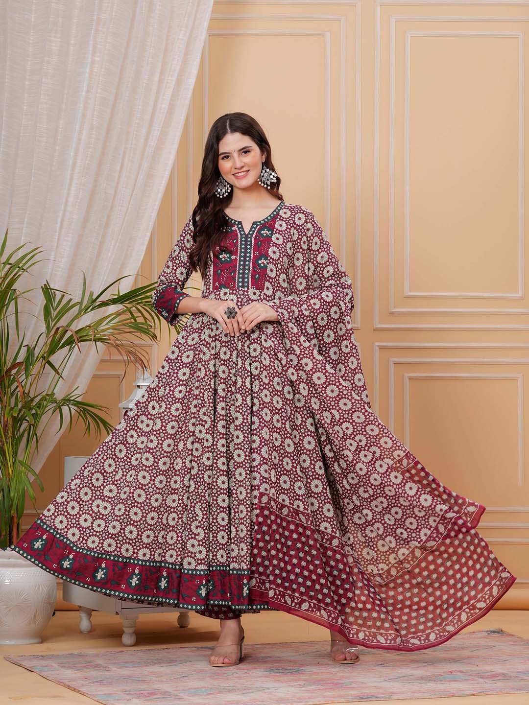 

Mizaz Floral Printed Sequinned Pure Cotton Anarkali Flared Kurta With Trousers & Dupatta, Maroon