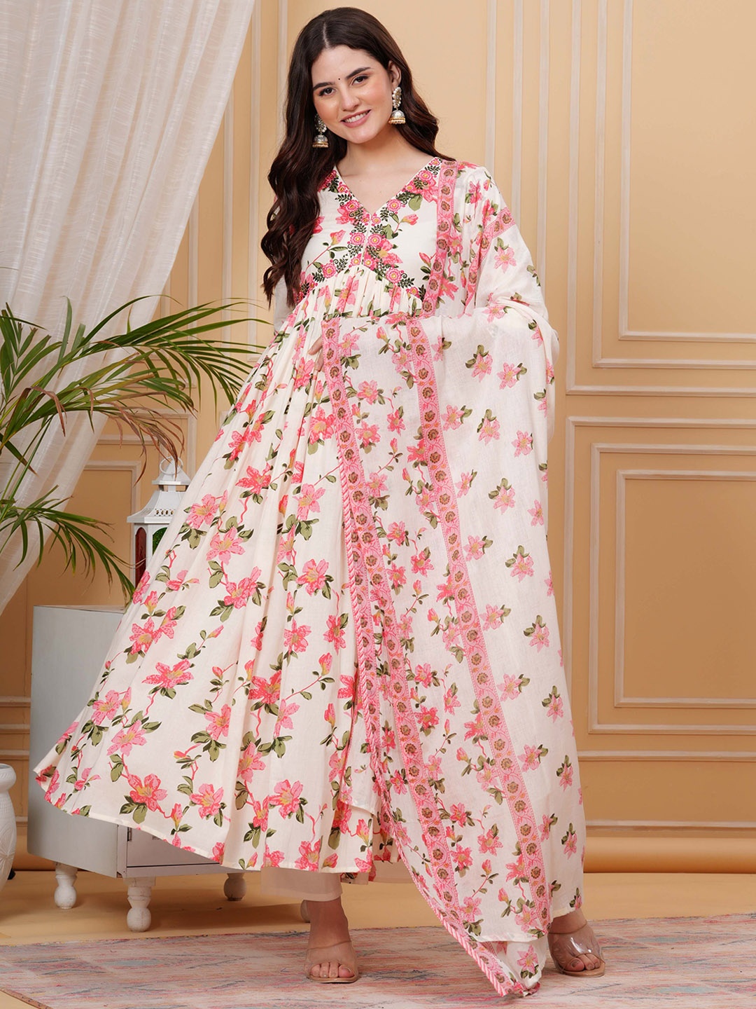 

Mizaz Floral Printed Sequinned Cotton Empire Style Anarkali Kurta With Trousers & Dupatta, Pink