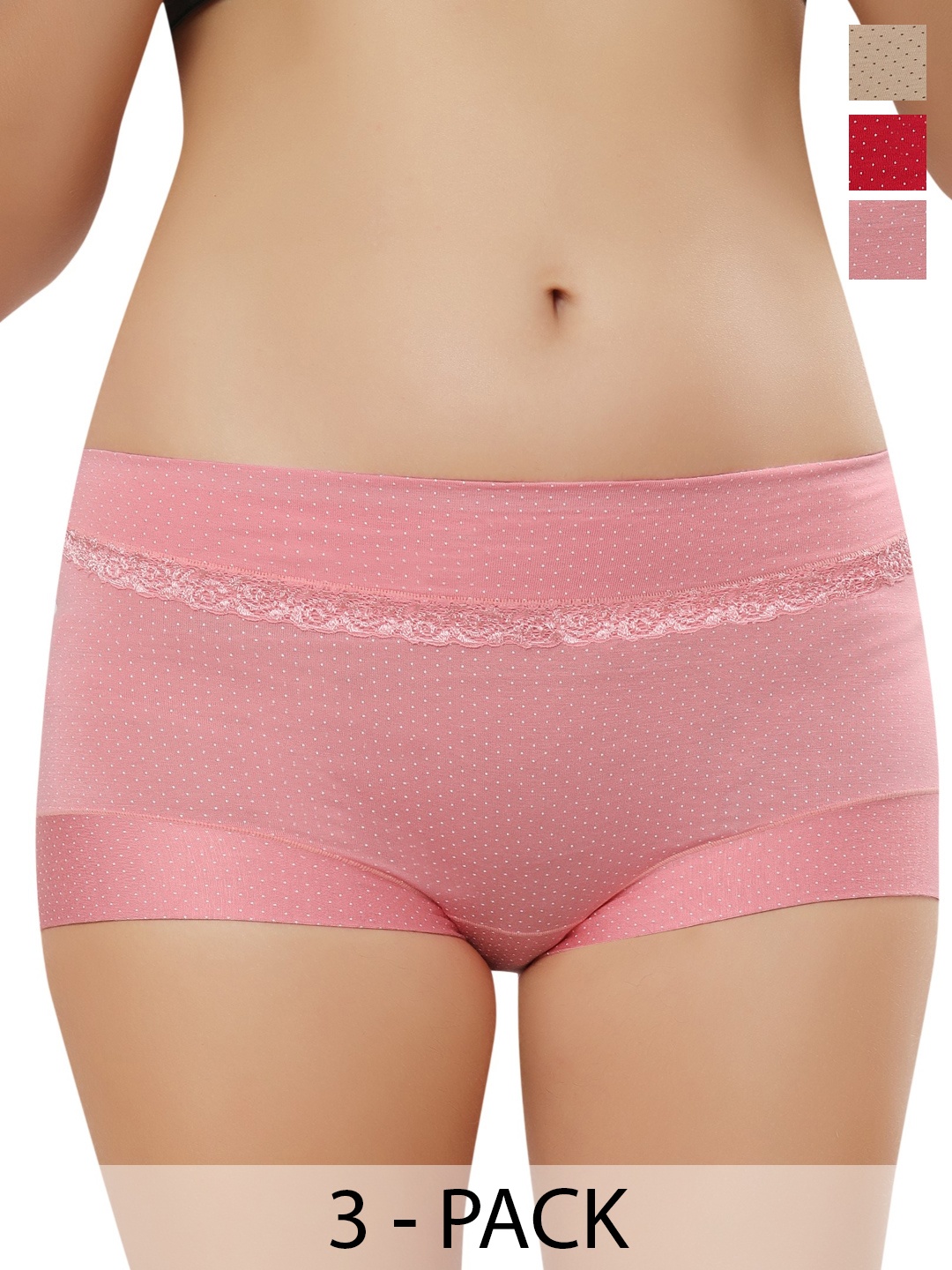 

Bella Voste Pack Of 3 Plus-Size Printed Boyshort Briefs PT-8105-Pink-Beige-Red-XL