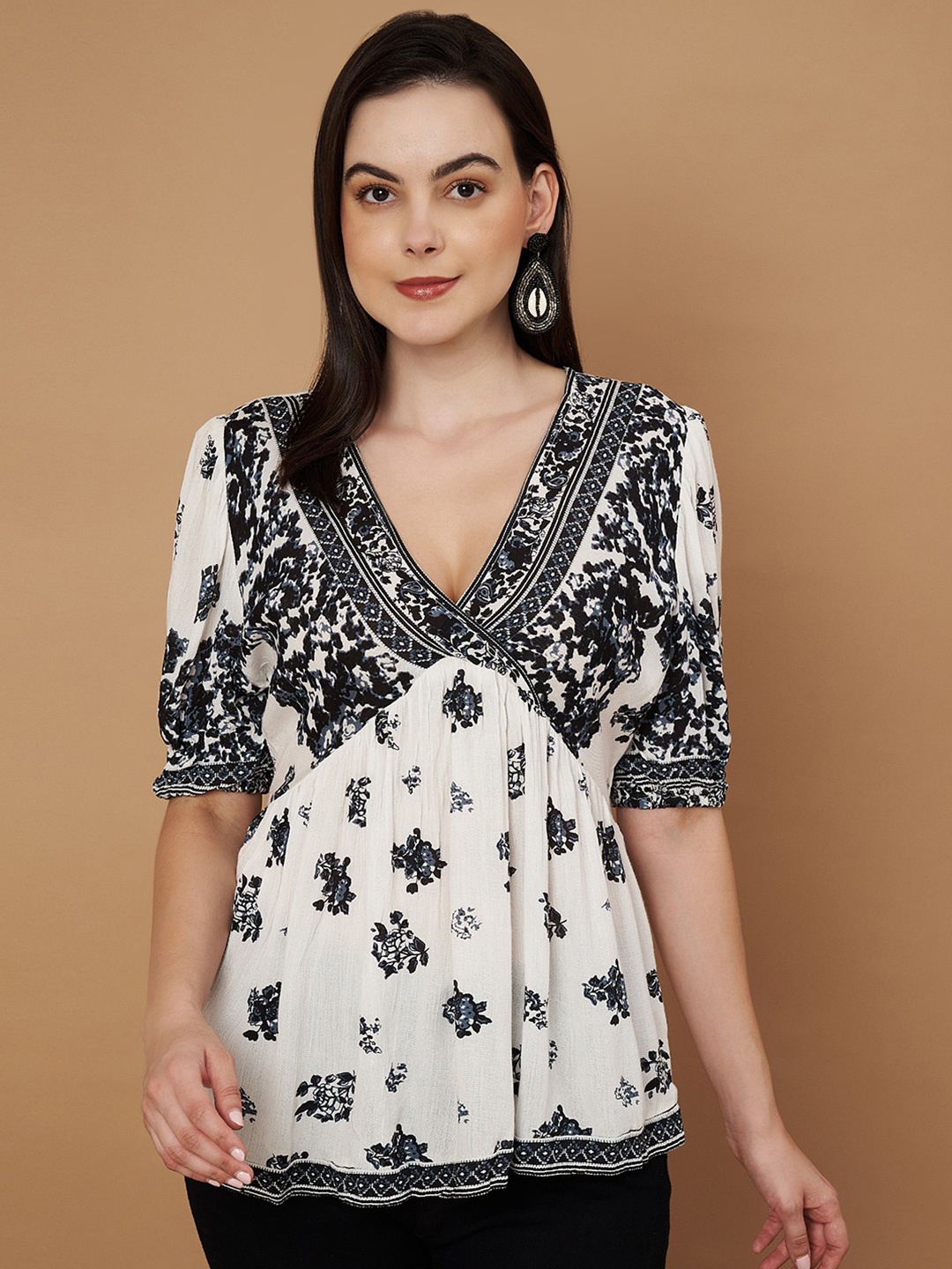 

VELDRESS Floral Print Crepe Empire Top, White