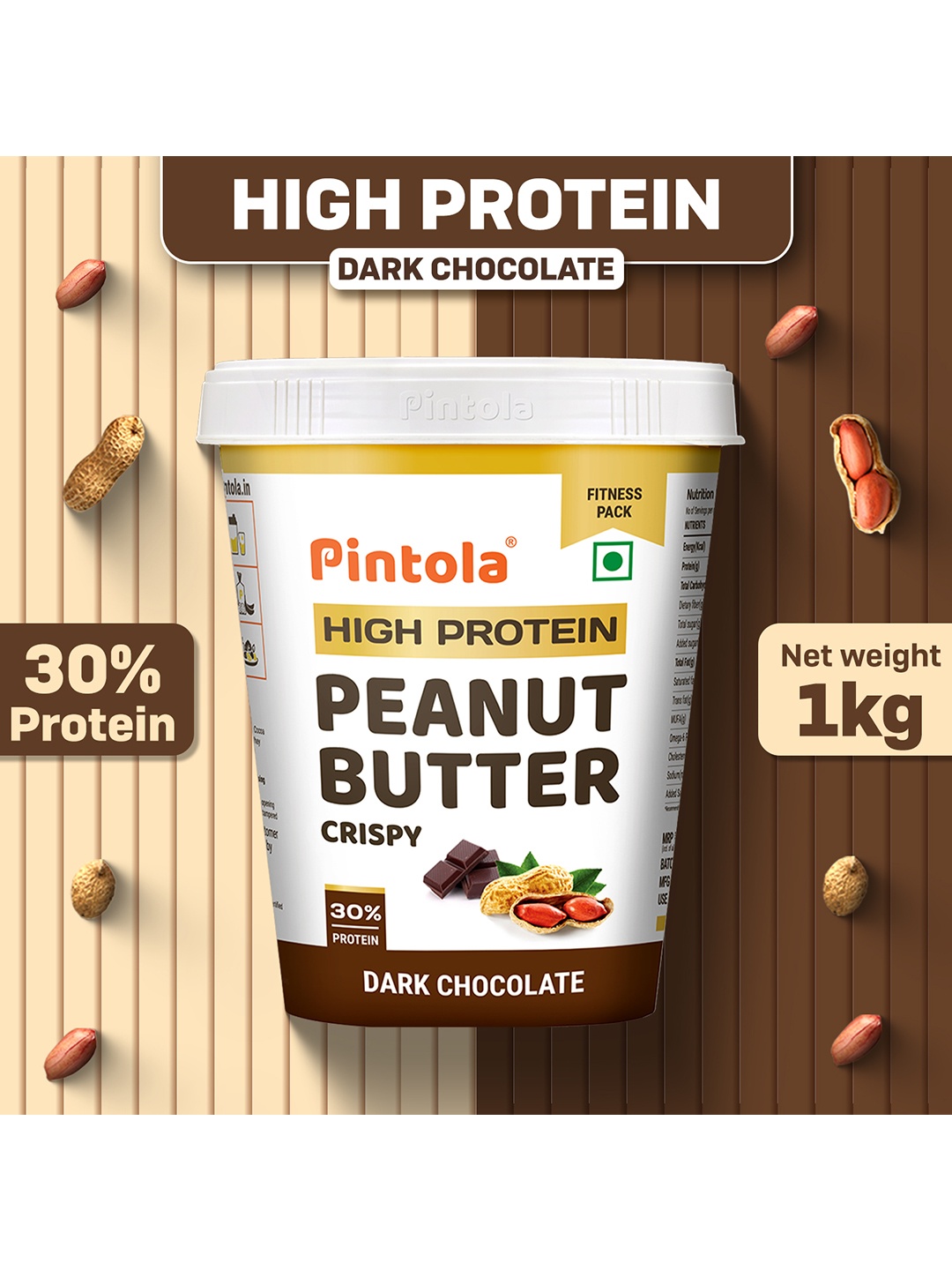 

Pintola High Protein Dark Chocolate Cripsy Peanut Butter-1Kg, Brown