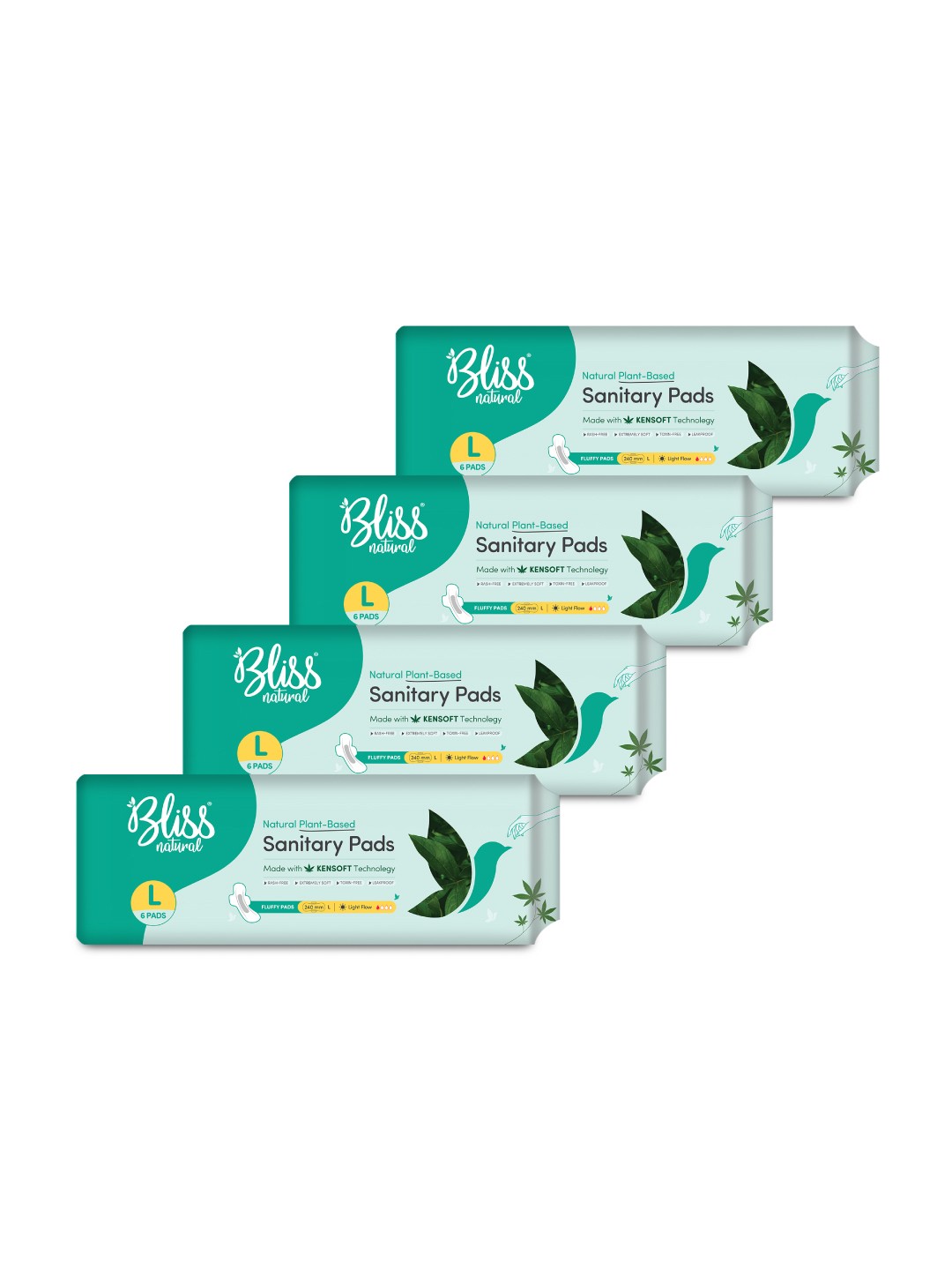 

BLISSNATURAL Set of 4 Natural Plant Based Light Flow L Size Sanitary Pads - 6 Napkins Each, Green