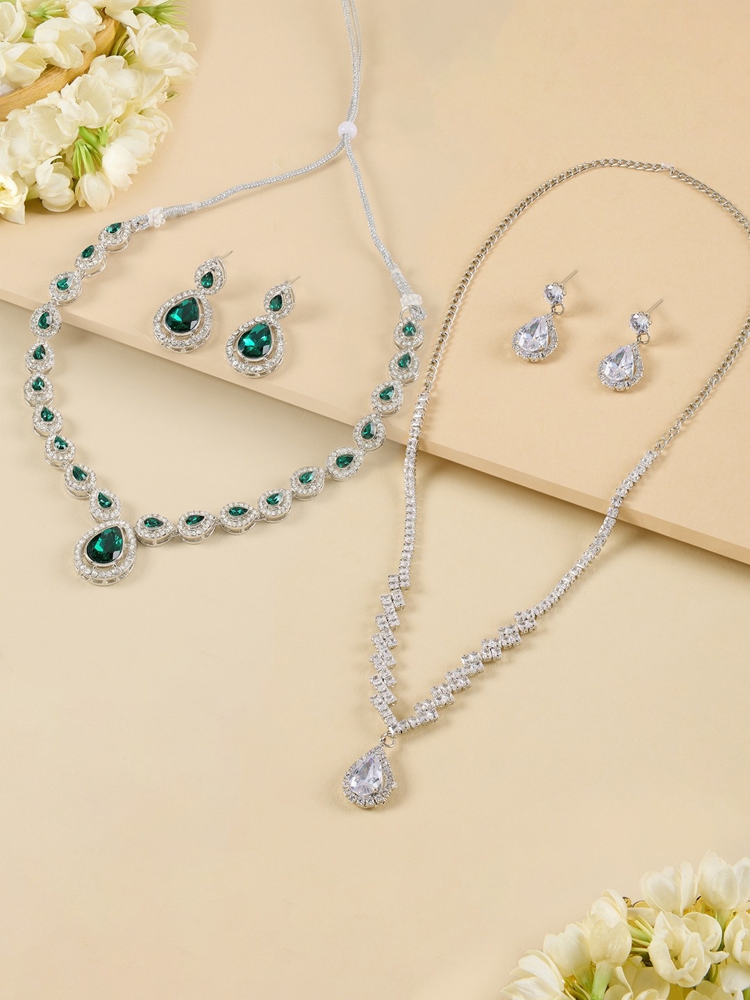 

AMI Set Of 2 Silver-Plated Austrian Diamond- Studded Jewellery Set, Green