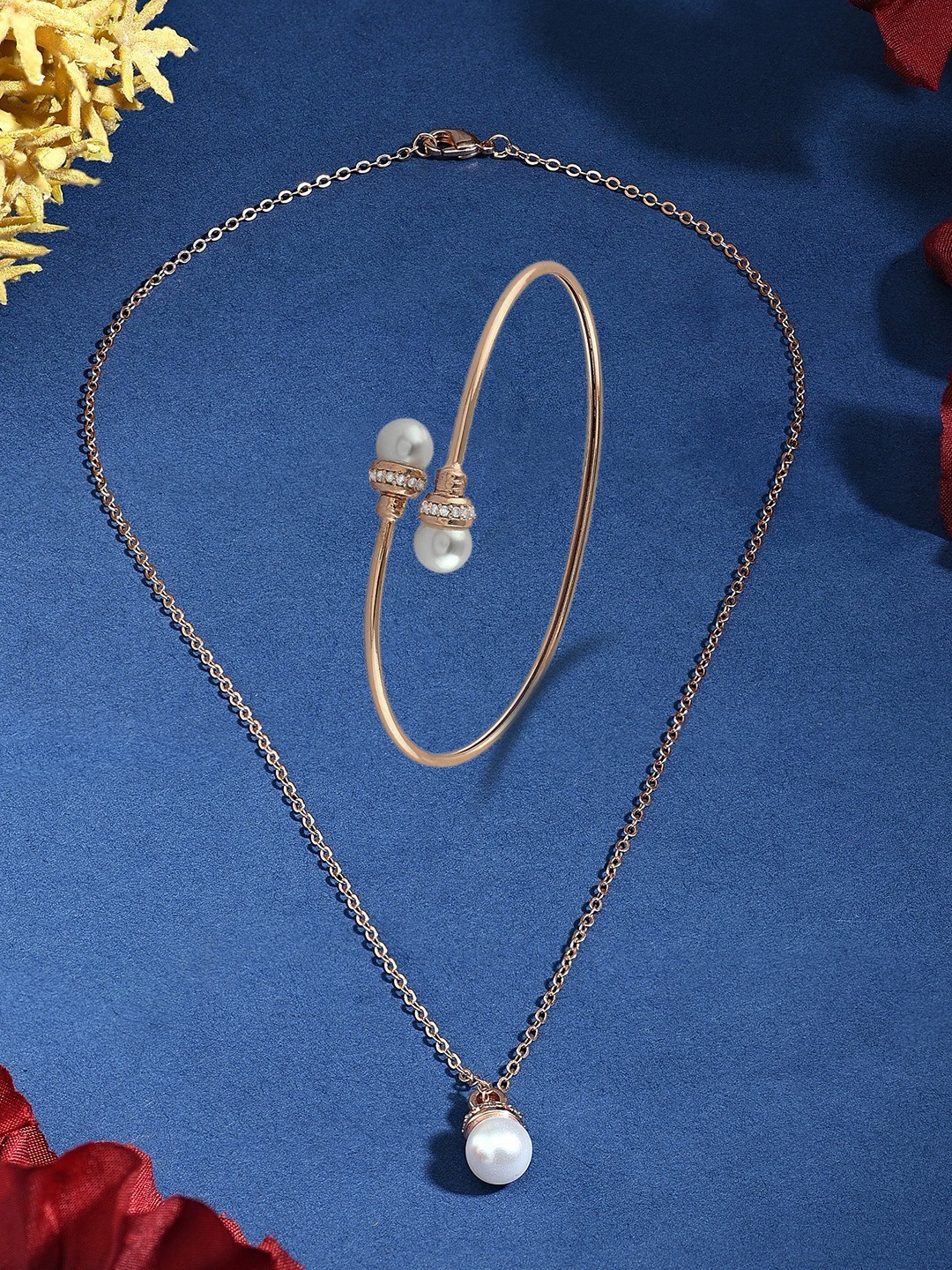 

AMI Rose Gold-Plated Cubic Zirconia & Pearl Studded Jewellery Set