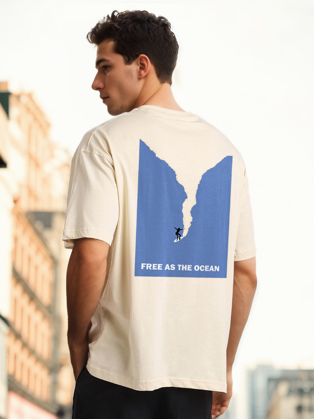 

NOBERO Men Oversized Graphic Printed Cotton T-shirt, Beige