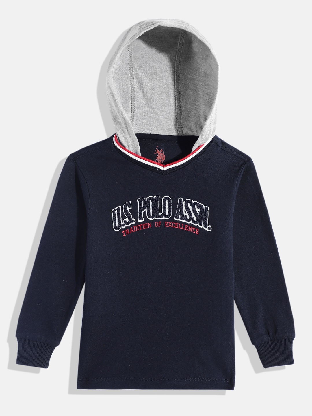 

U.S. Polo Assn. Kids Boys Self Design Hooded Pure Cotton T-shirt, Navy blue