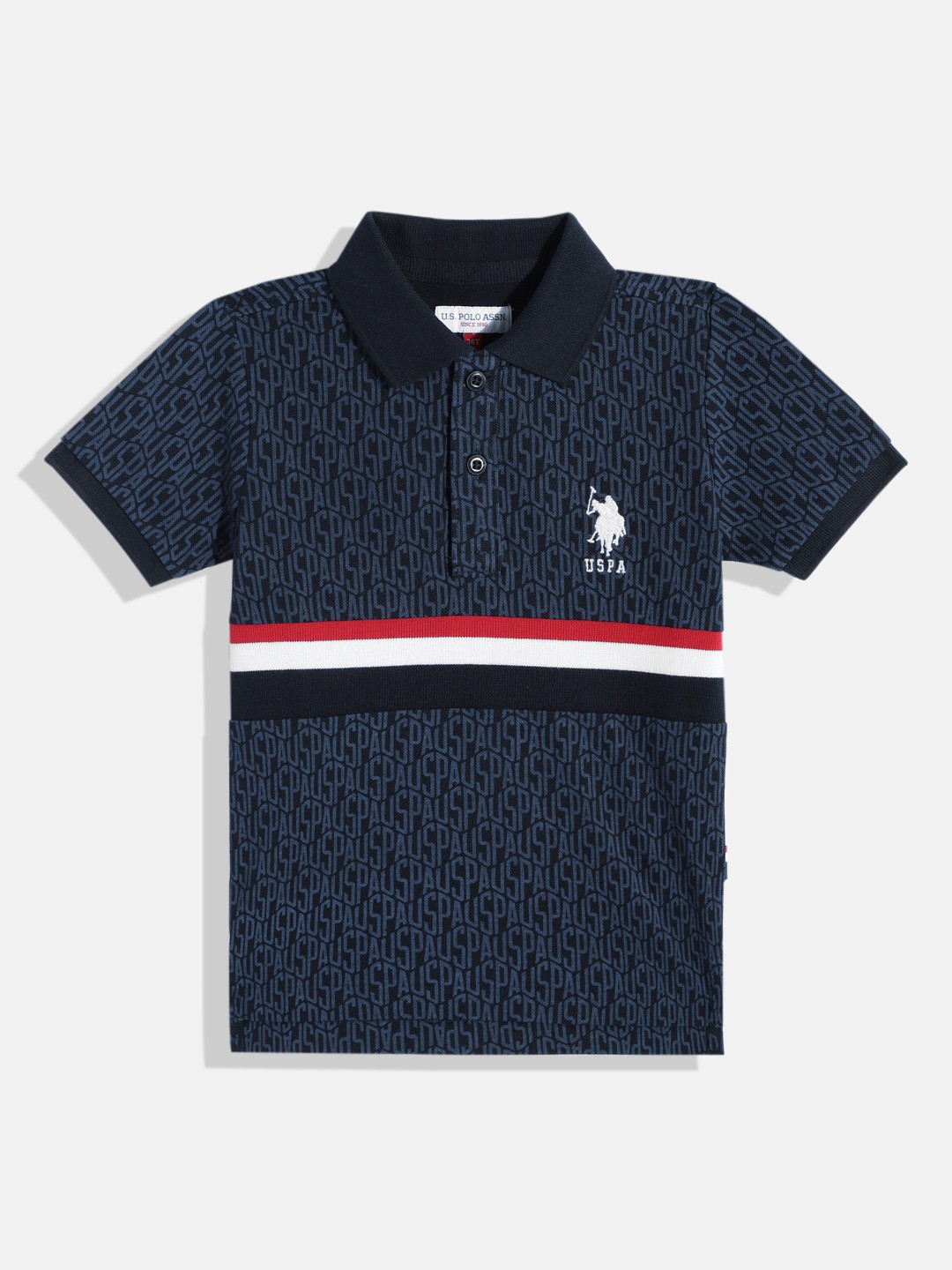 

U.S. Polo Assn. Kids Boys Brand Logo Printed Striped Polo Collar Pure Cotton T-shirt, Navy blue