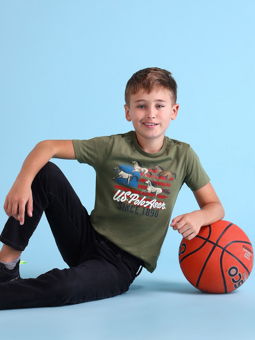 

U.S. Polo Assn. Kids Boys Brand Logo Printed Pure Cotton T-shirt, Olive