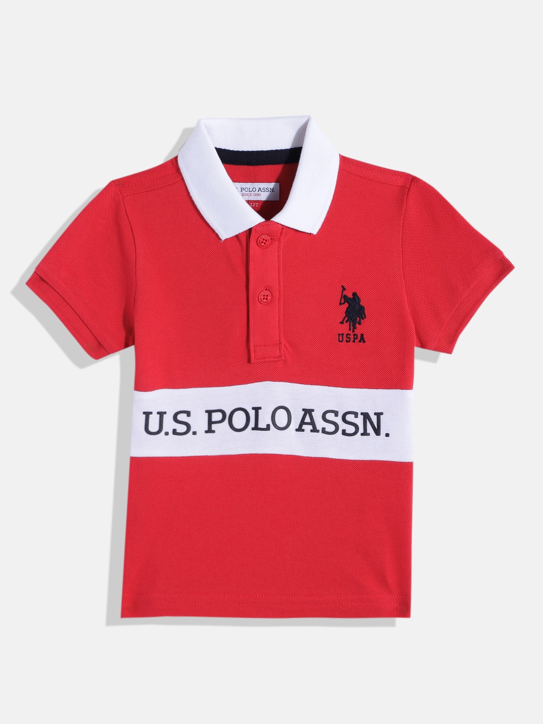 

U.S. Polo Assn. Kids Boys Brand Logo Printed Colourblocked Polo Collar Pure Cotton T-shirt, Red