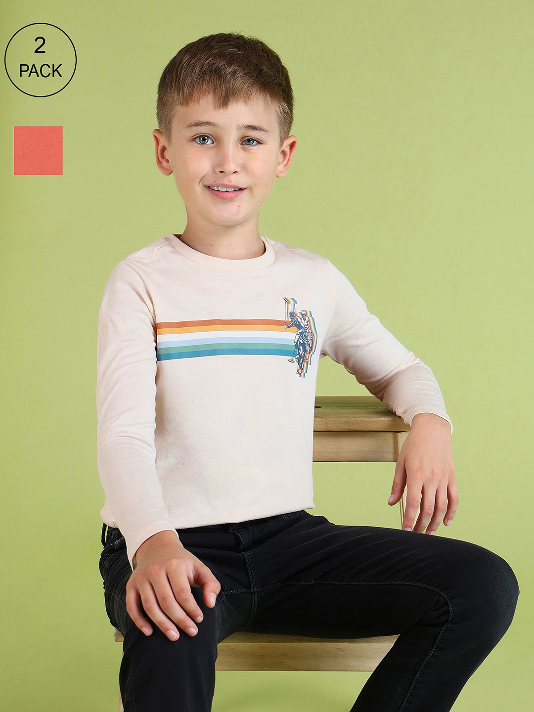 

U.S. Polo Assn. Kids Boys Set of 2 Brand Logo Printed Pure Cotton T-shirts, Off white