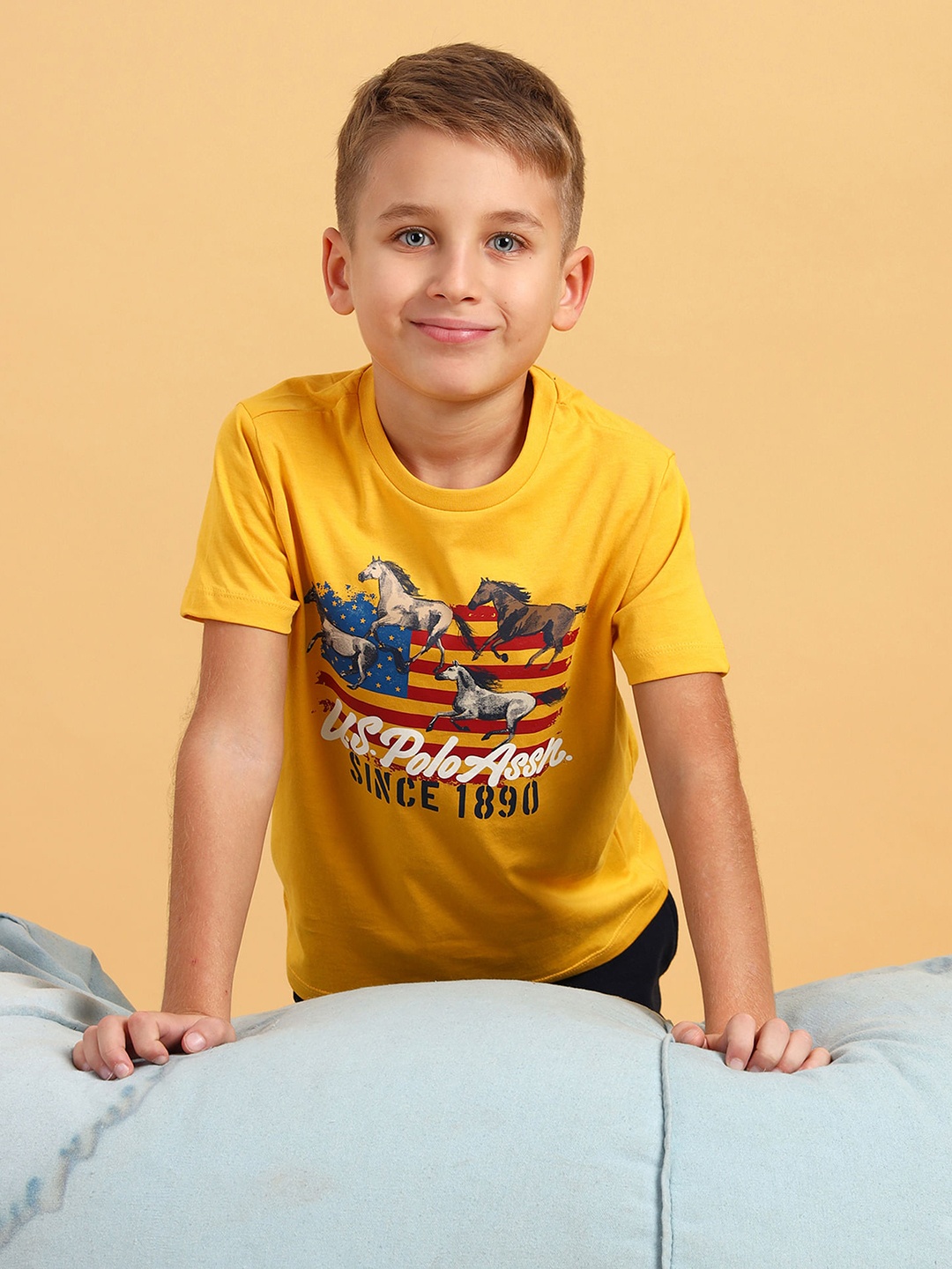 

U.S. Polo Assn. Kids Boys Brand Logo Printed Pure Cotton T-shirt, Yellow