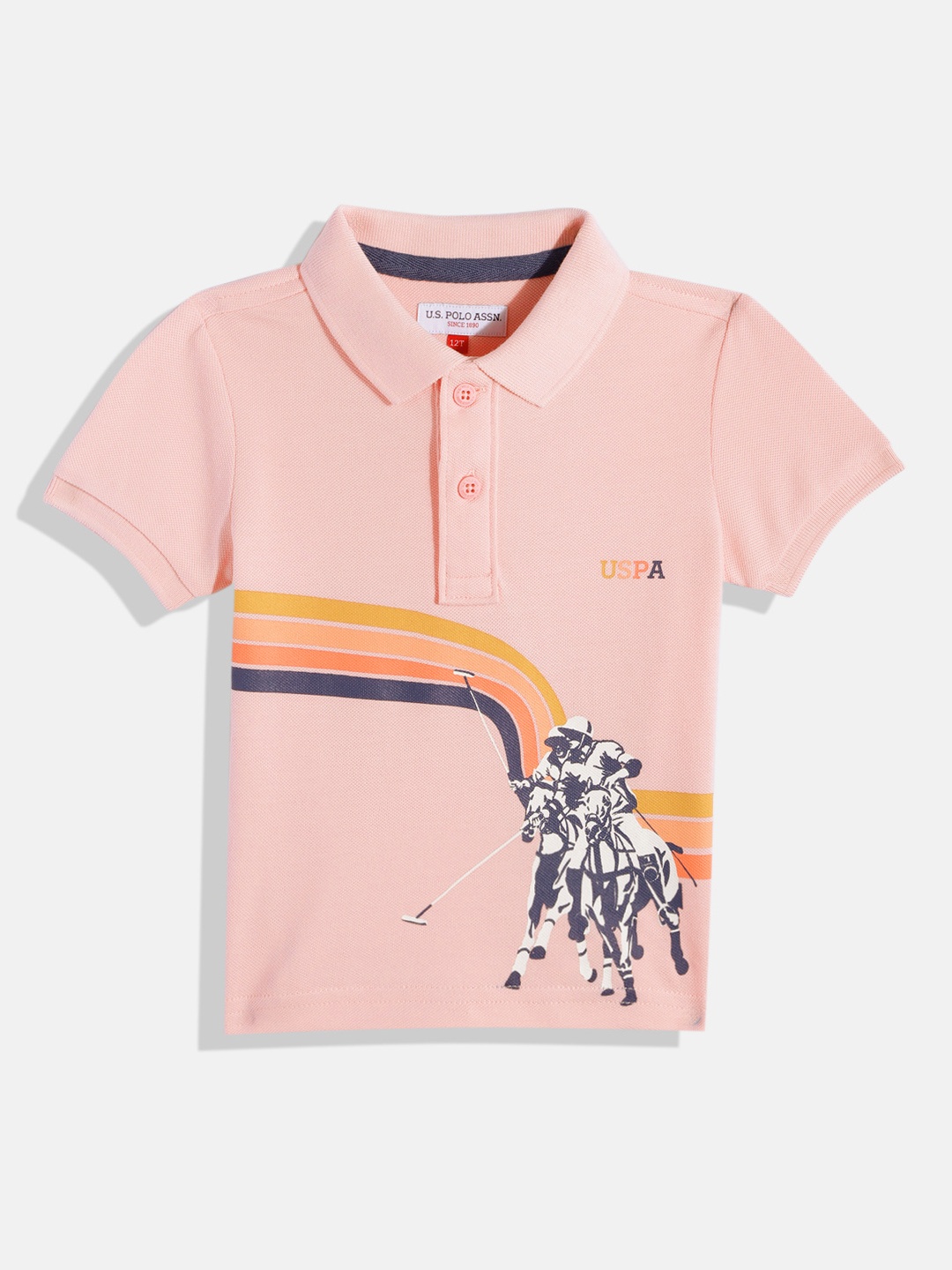 

U.S. Polo Assn. Kids Boys Brand Logo Printed Polo Collar Pure Cotton T-shirt, Peach