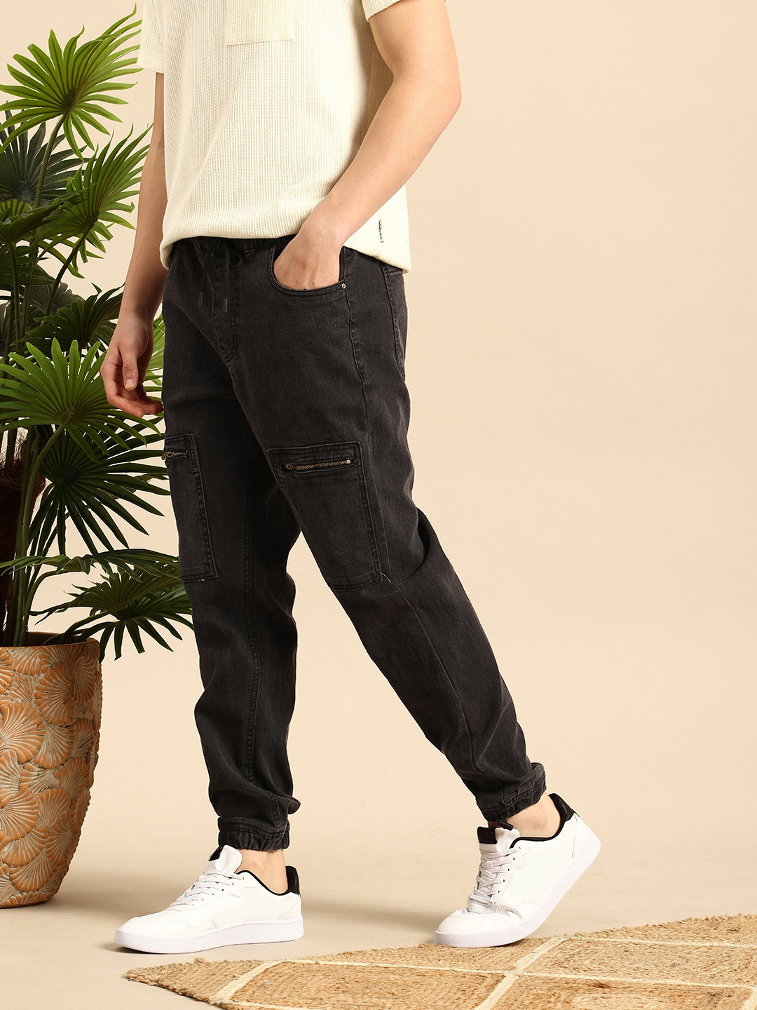 

Mast & Harbour Men Cargo Style Stretchable Joggers, Black