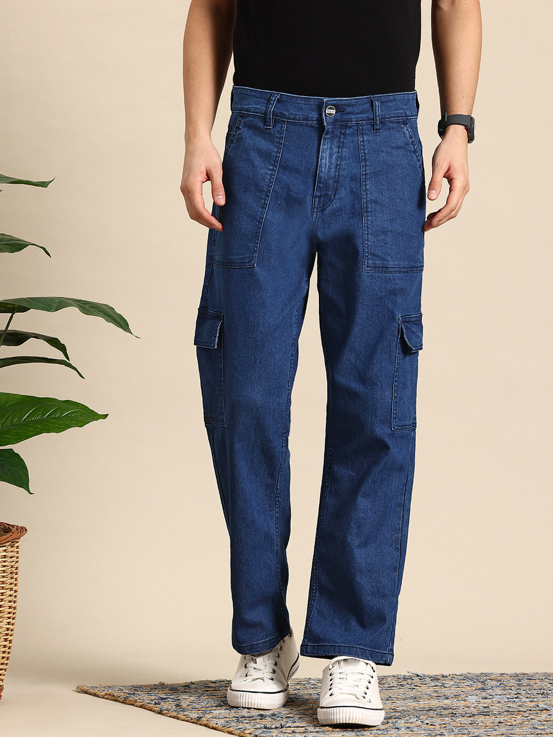 

Mast & Harbour Men Straight Fit Cargo Style Stretchable Jeans, Blue
