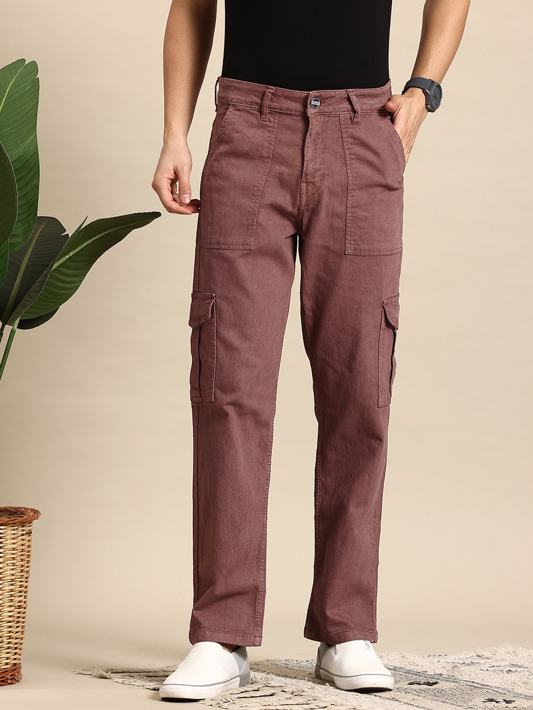 

Mast & Harbour Men Straight Fit Stretchable Jeans, Burgundy