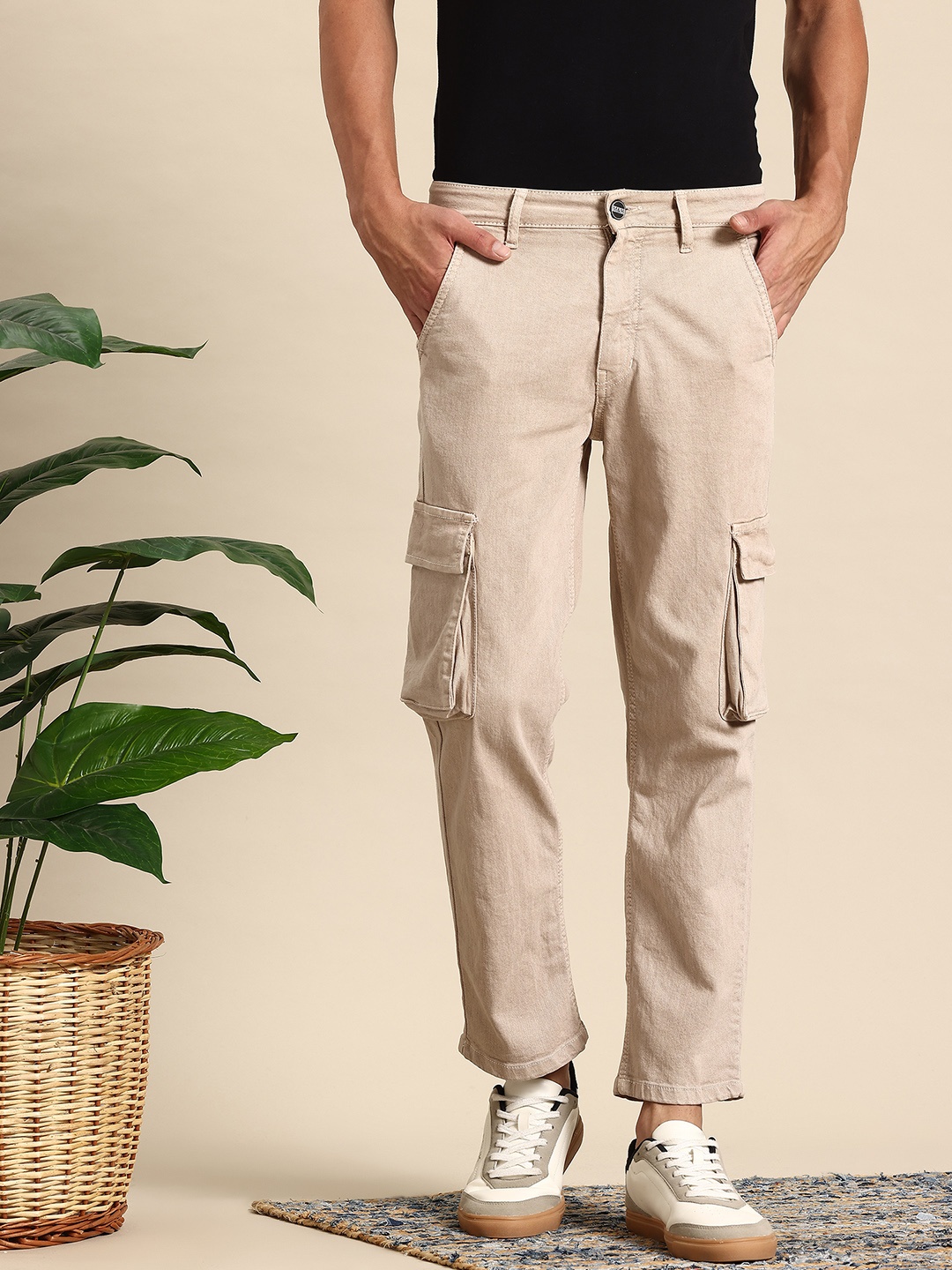 

Mast & Harbour Men Regular Fit Cargo Style Mid-Rise Stretchable Jeans, Beige