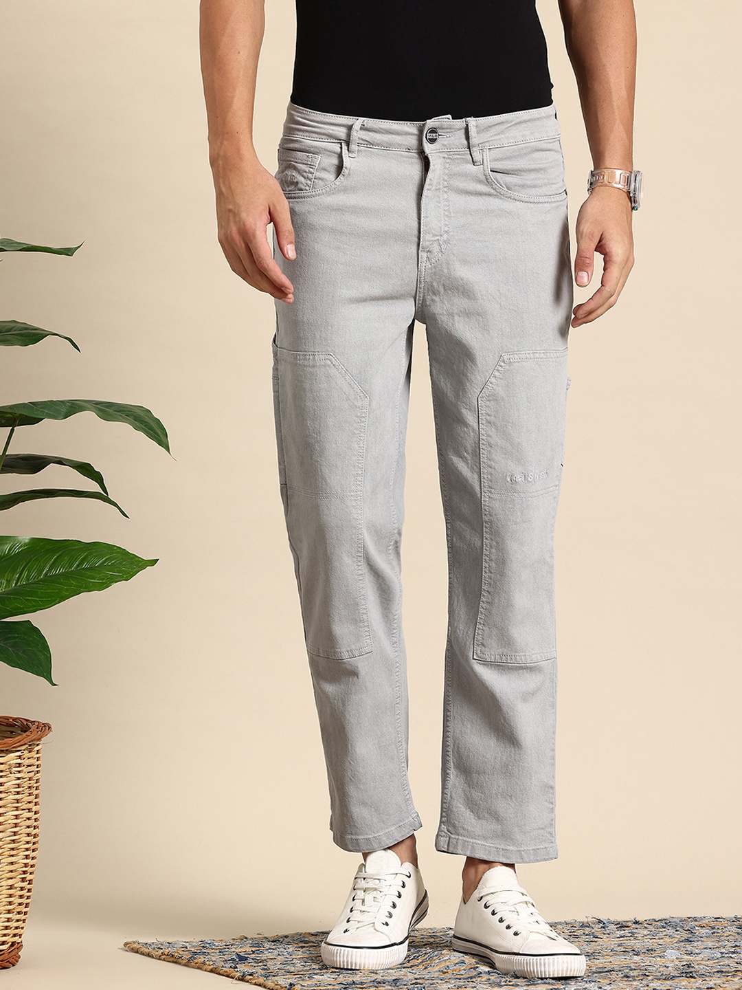 

Mast & Harbour Men Straight Fit Stretchable Cropped Jeans, Grey