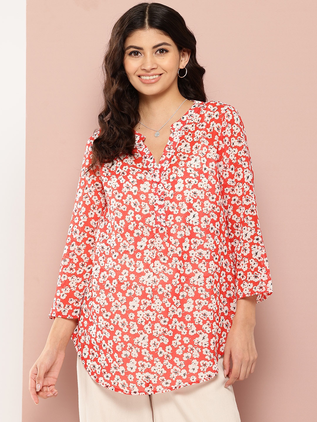 

Qurvii Women Comfort Floral Semi Sheer Printed Casual Shirt, Red