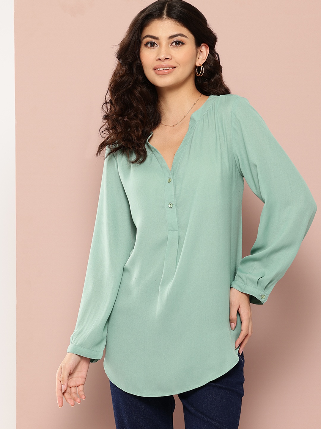 

Qurvii Comfort Mandarin Collar Longline Casual Shirt, Green