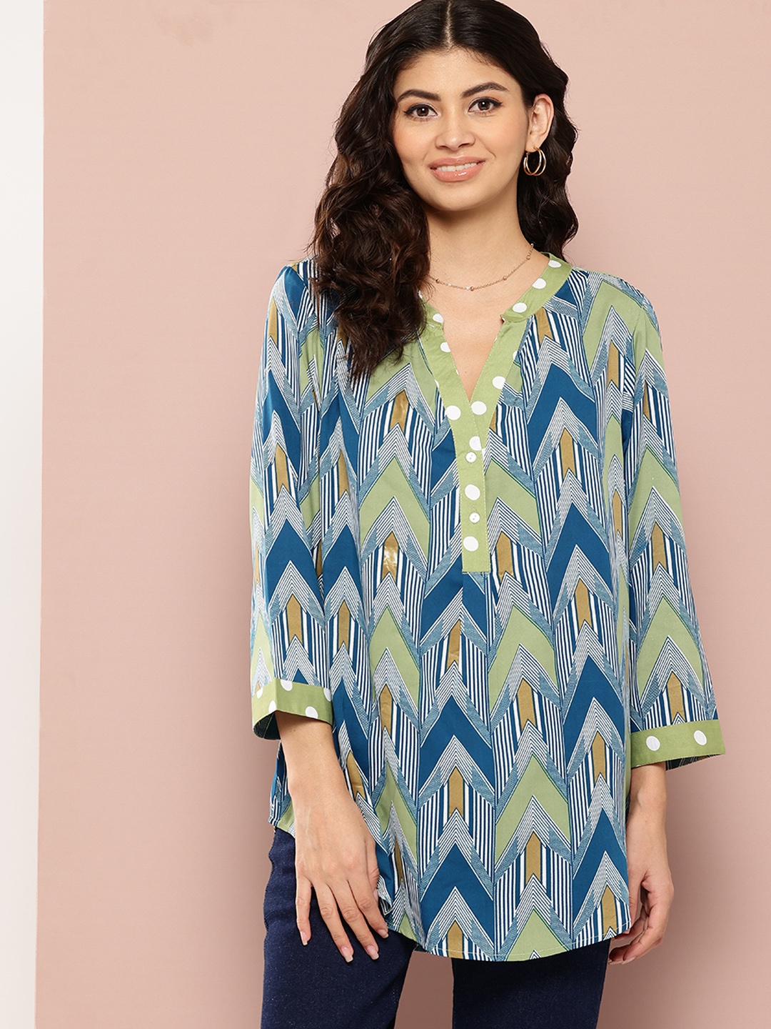 

Qurvii Comfort Geometric Print Mandarin Collar Longline Casual Shirt, Navy blue