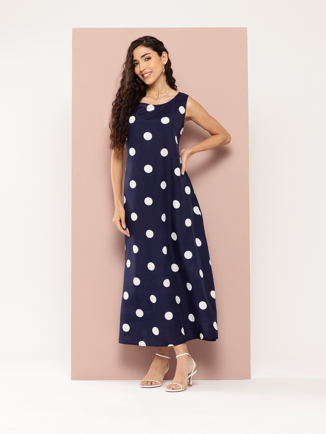 

Qurvii Polka Dot Print Crepe A-Line Maxi Dress, Navy blue