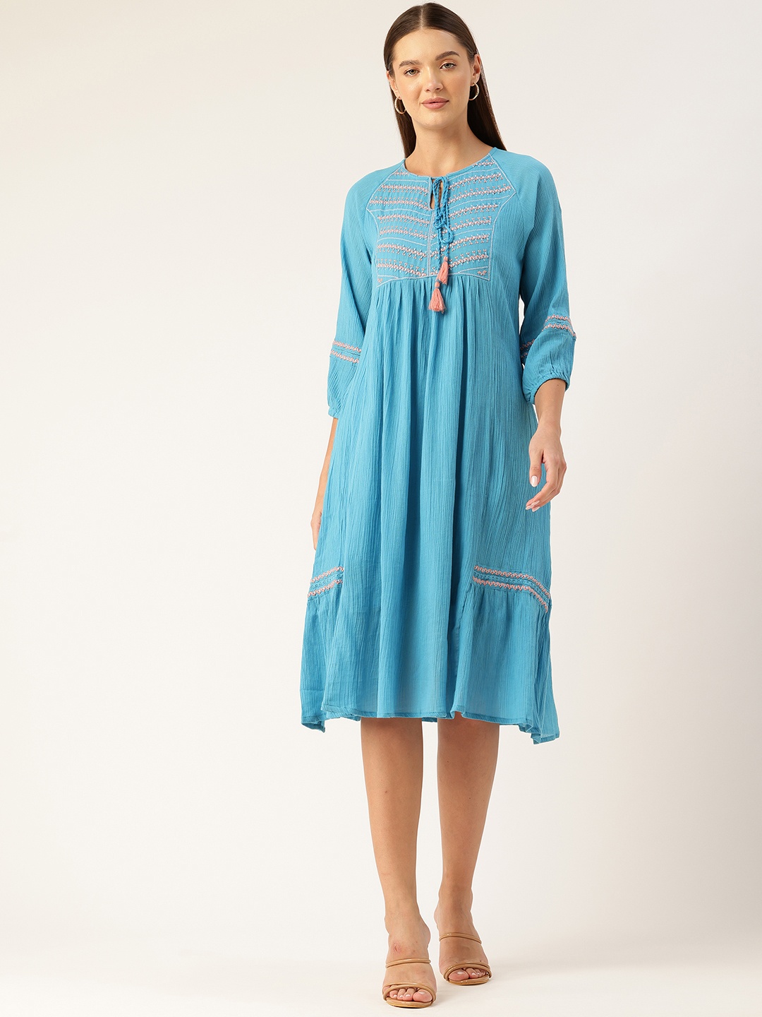 

MISRI Embroidered Tie-Up Neck Puff Sleeves A-Line Dress, Blue